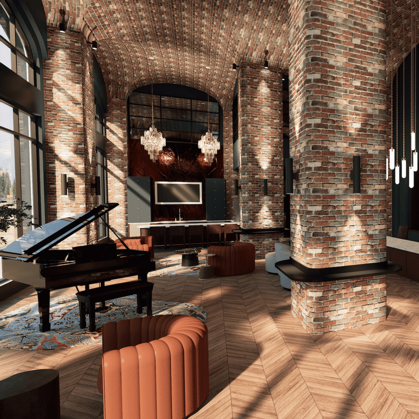 lounge with brick accents