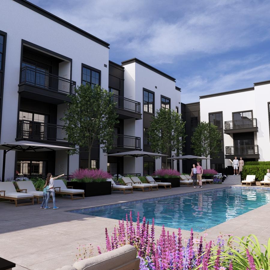 a pool in front of a building